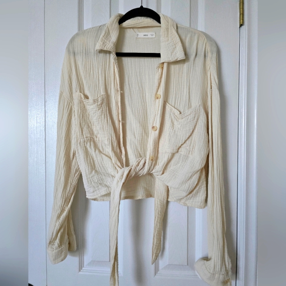 Mango 100% Cottom Cream Button-Up Tie Front Blouse